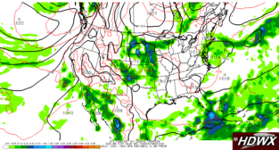 SLP, 6-hr precip, 1000--500-hPa thickness
